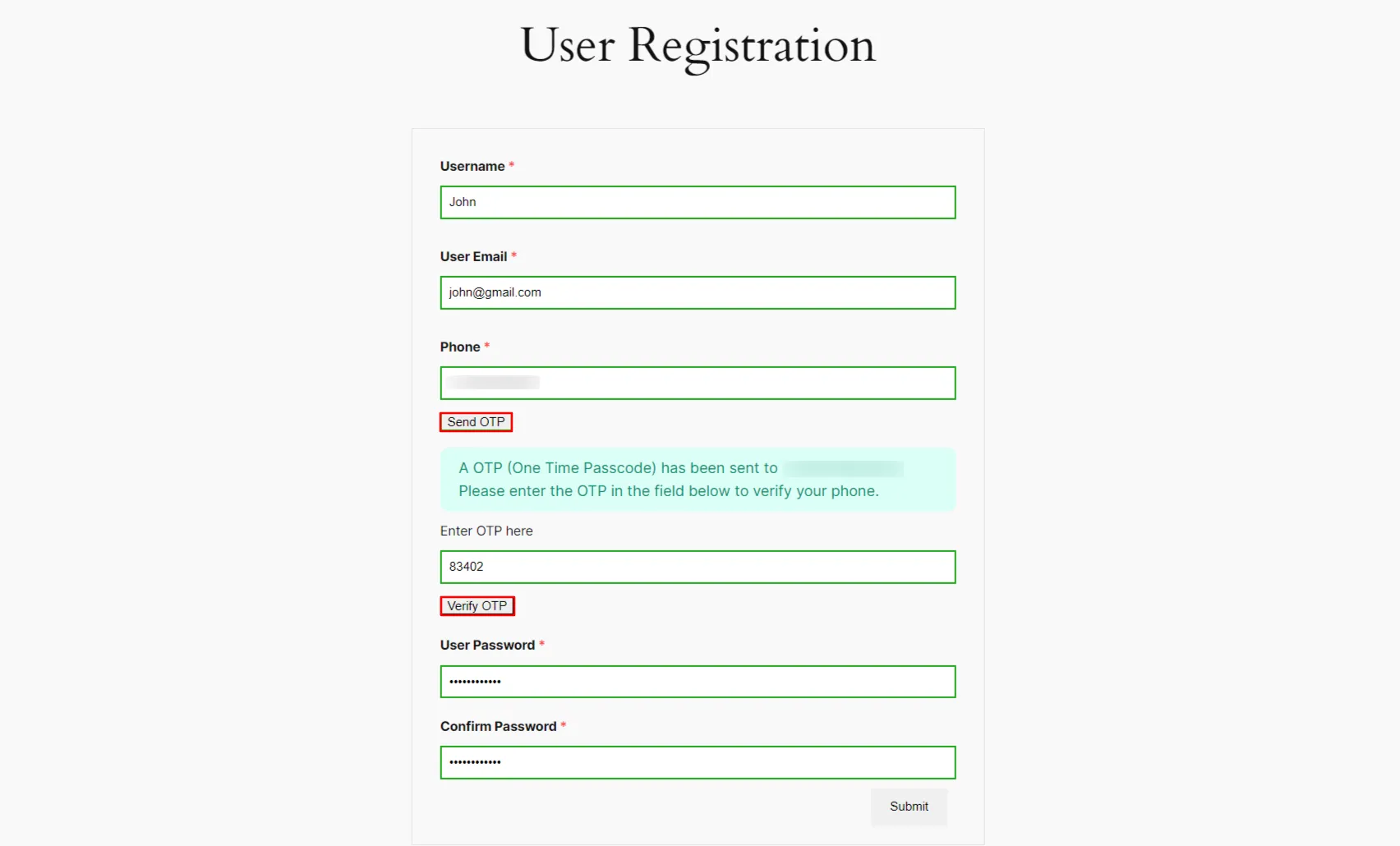 User Registration Forms - WP Everest - click send OTP button