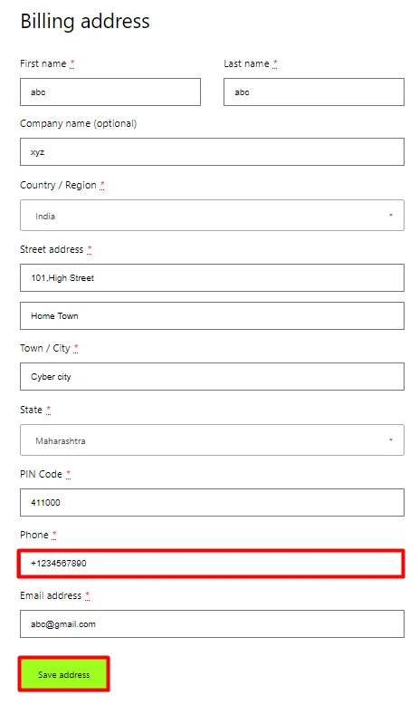 Verificación OTP Formulario de dirección de facturación de WooCommerce Página de dirección de facturación