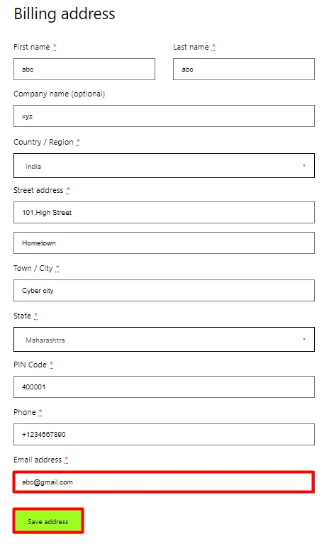 Verificación OTP Formulario de dirección de facturación de WooCommerce Página de dirección de facturación
