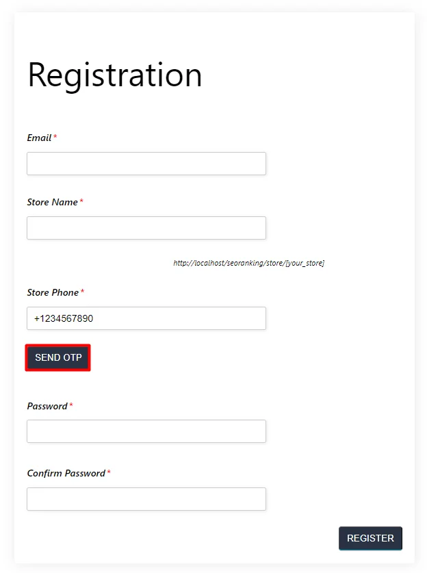 OTP Verification send OTP button along with WooCommerce Frontend Manager / WCFM Marketplace vendor registration form Fill Details