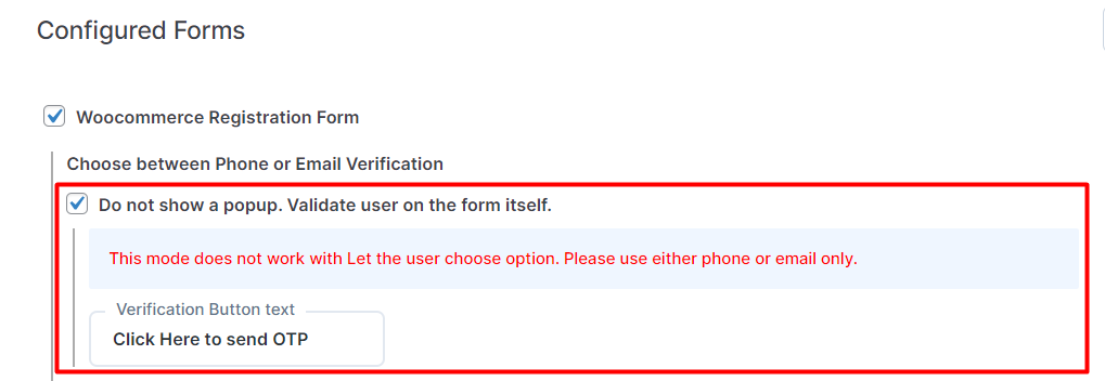 OTP Verification WooCommerce Registration Form without showing popup
