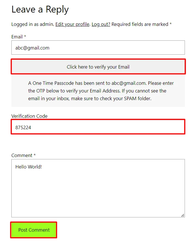 WordPress Custom Comment Form Ange OTP