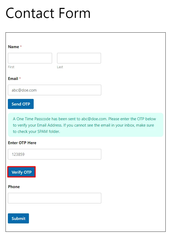 OTP Verification WP Forms Enter OTP Submit