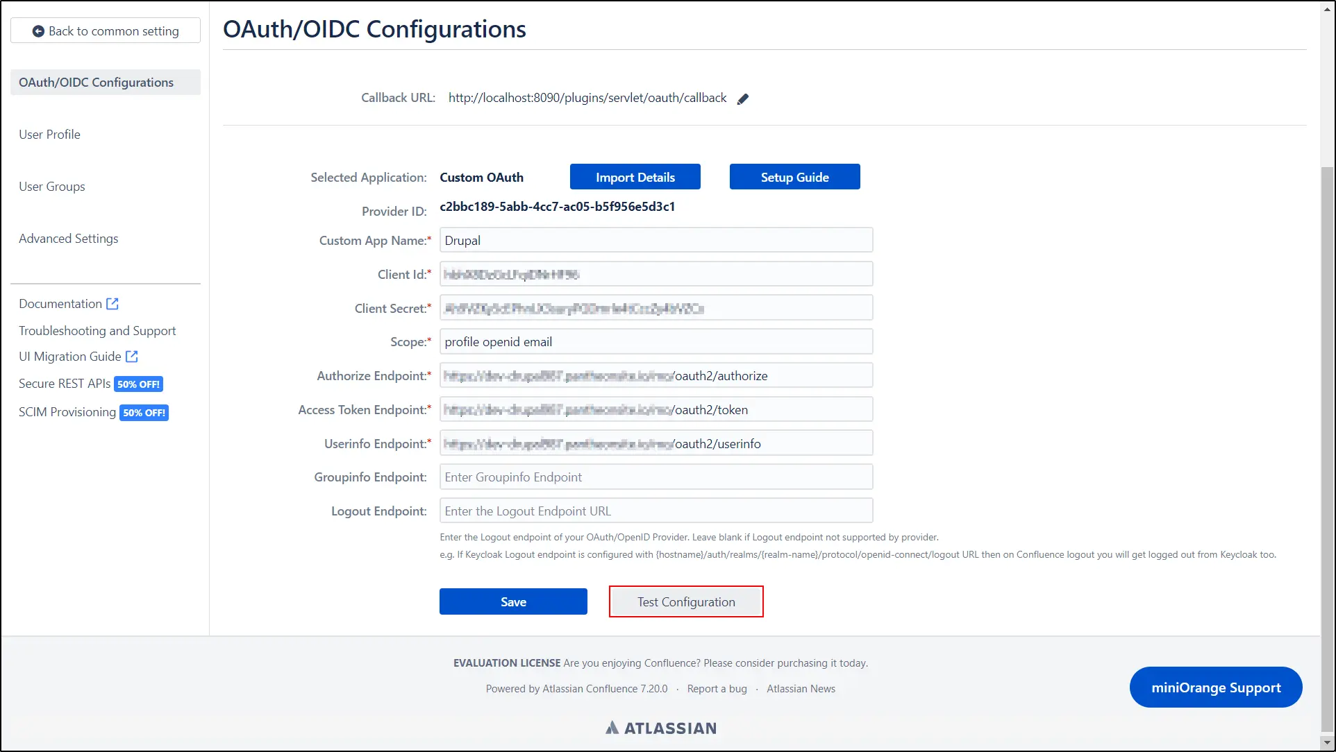 Drupal OAuth/OIDC 공급자와 Confluence 통합 - Confluence 및 Drupal SSO 연결 확인