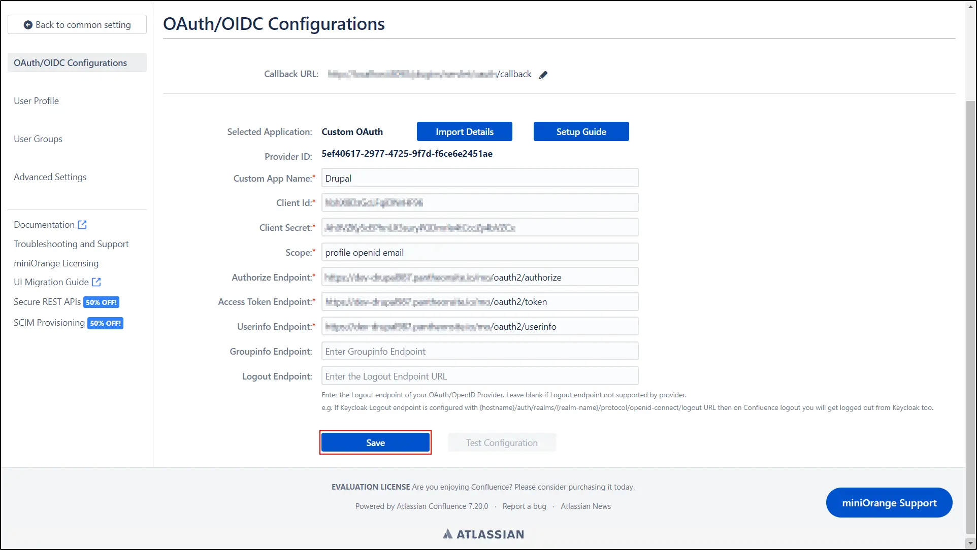 Drupal OAuth/OIDC 제공자와 Confluence 통합 - 저장 클릭