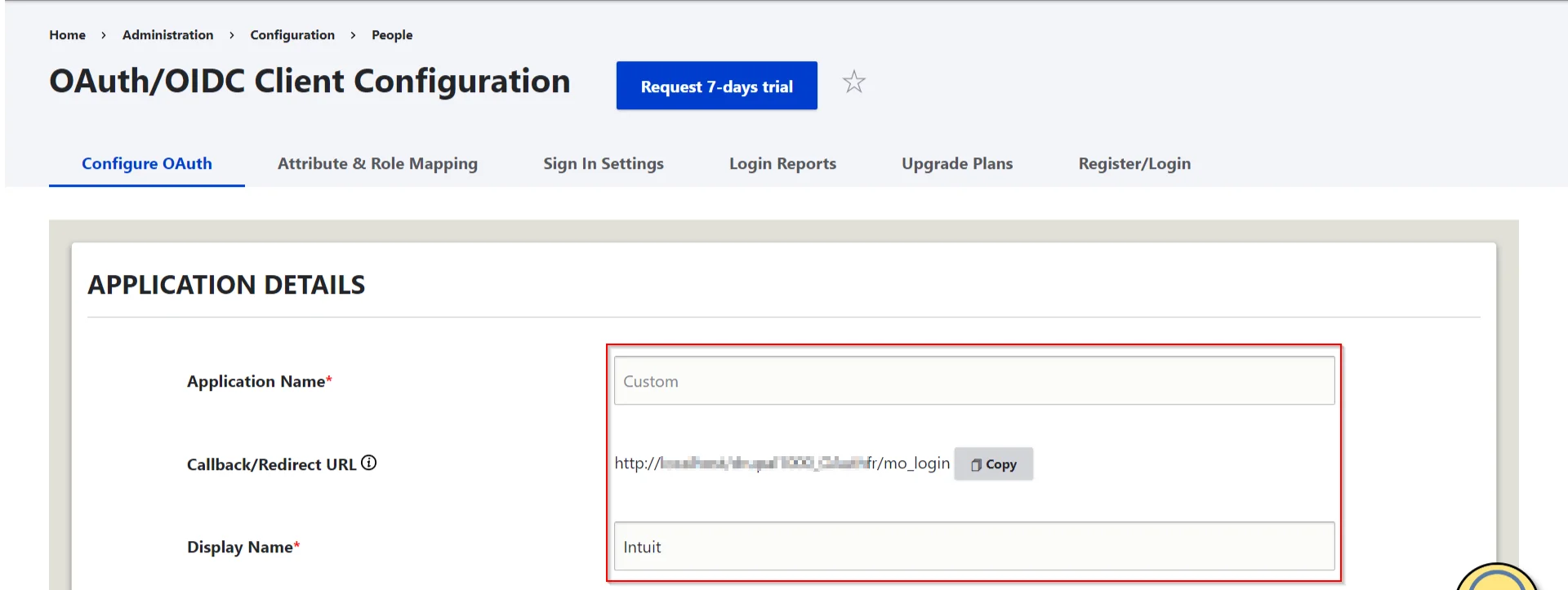 Drupal OAuth Client Single Sign-On – Wählen Sie auf der Registerkarte „OAuth konfigurieren“ Intuit aus und kopieren Sie die Rückruf-URL