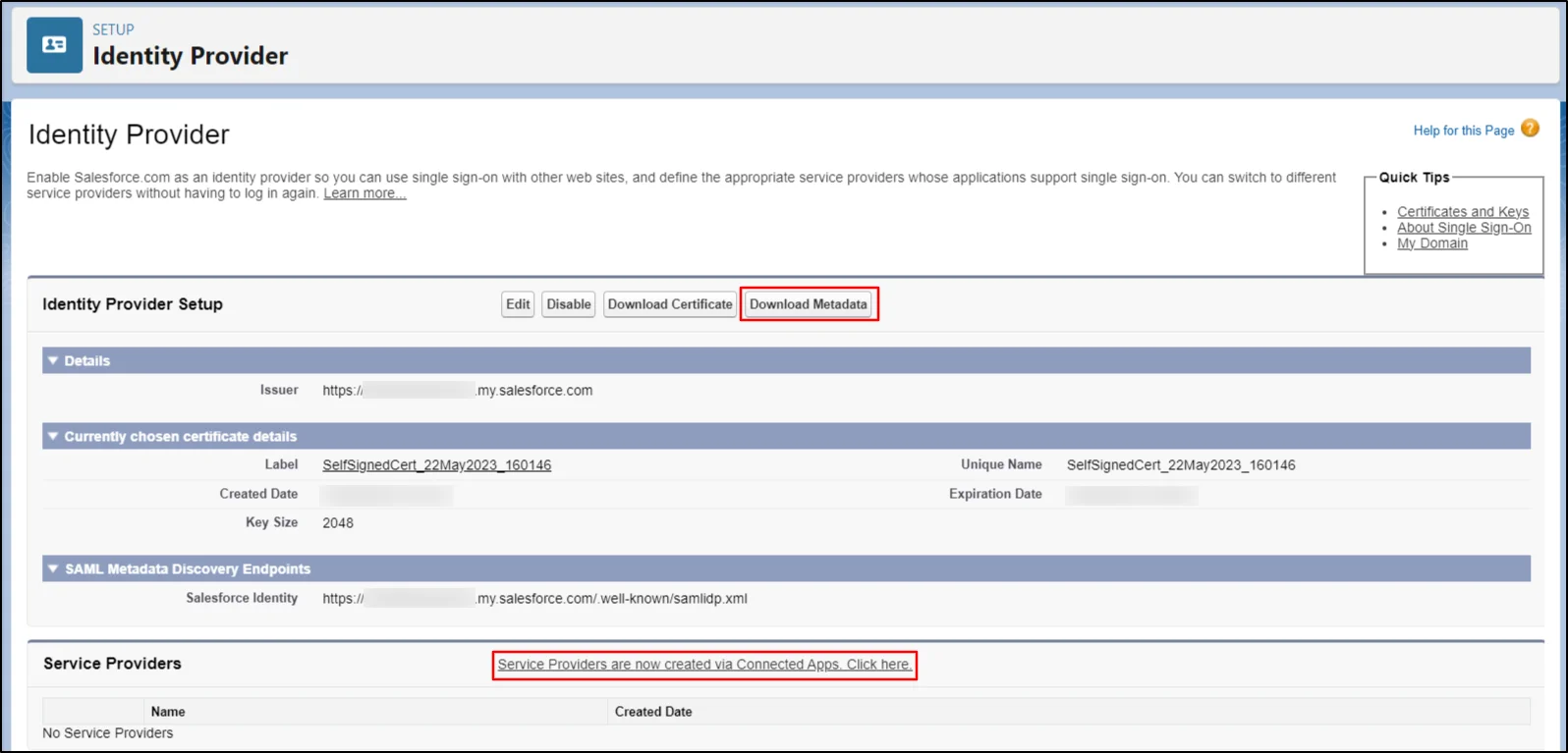 Proveedor-de-identidad-Salesforce-inicio de sesión único-haga clic en el botón Descargar-metadatos