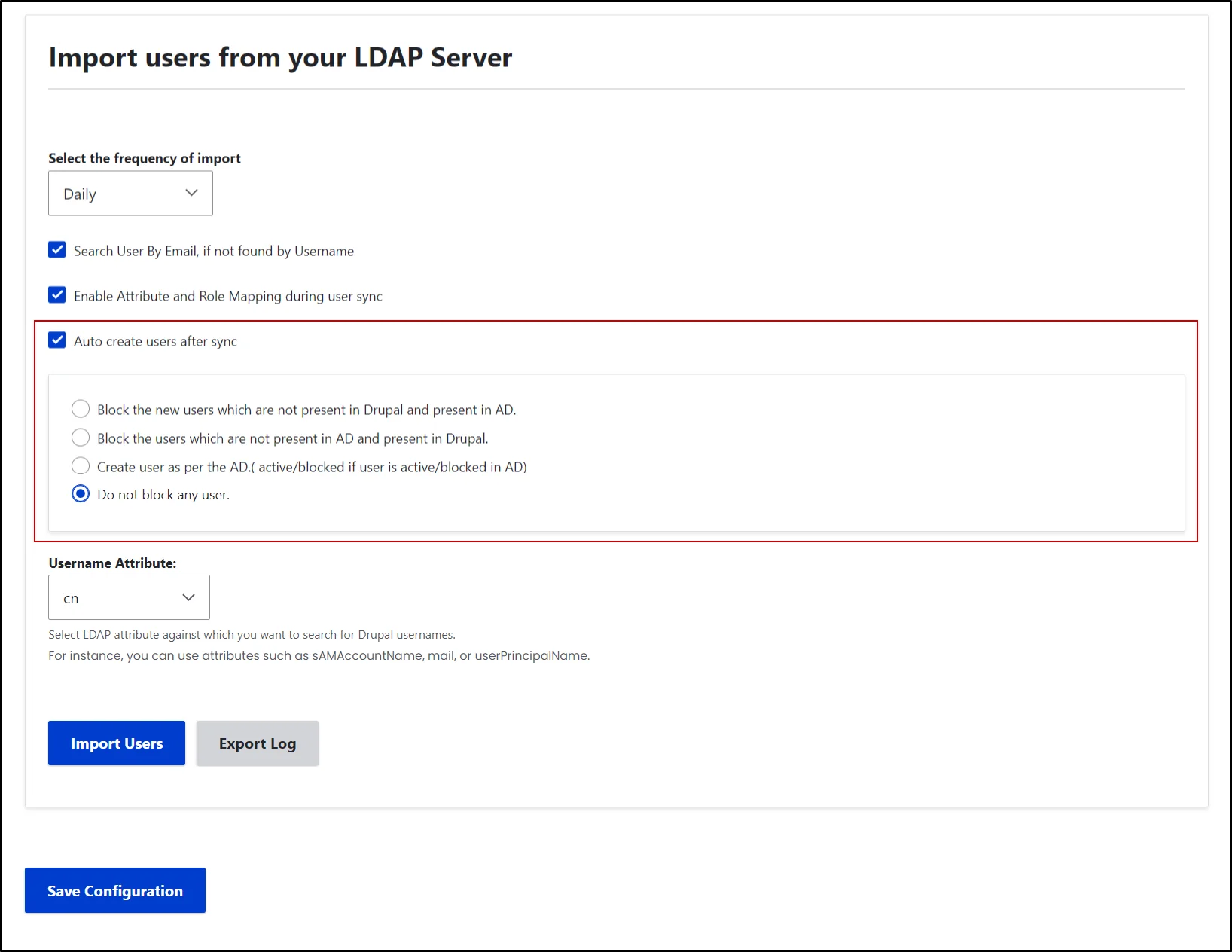 Import users from LDAP to Drupal - Select Auto-create users after sync