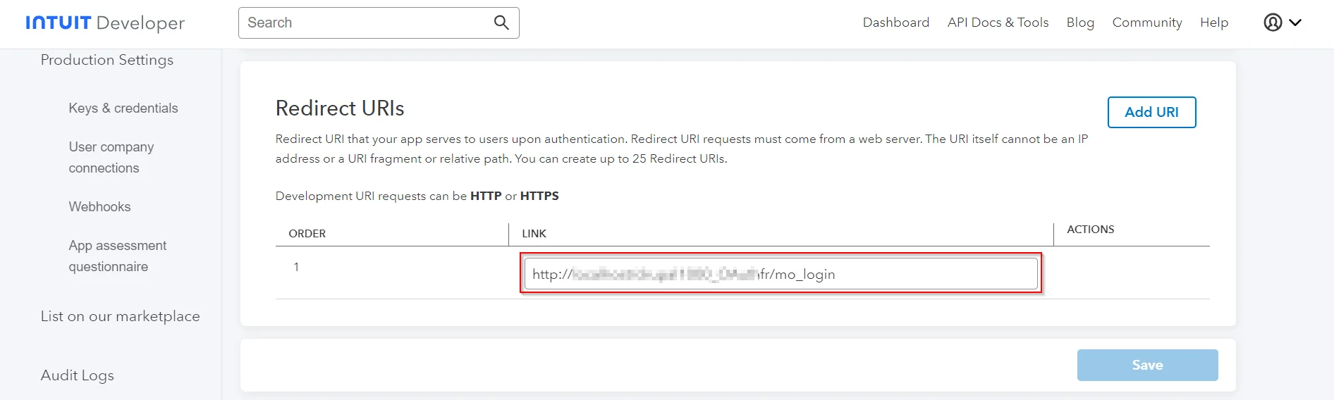 Intuit como inicio de sesión único del proveedor de OAuth: pegue la URL de devolución de llamada en el campo URI de redireccionamiento