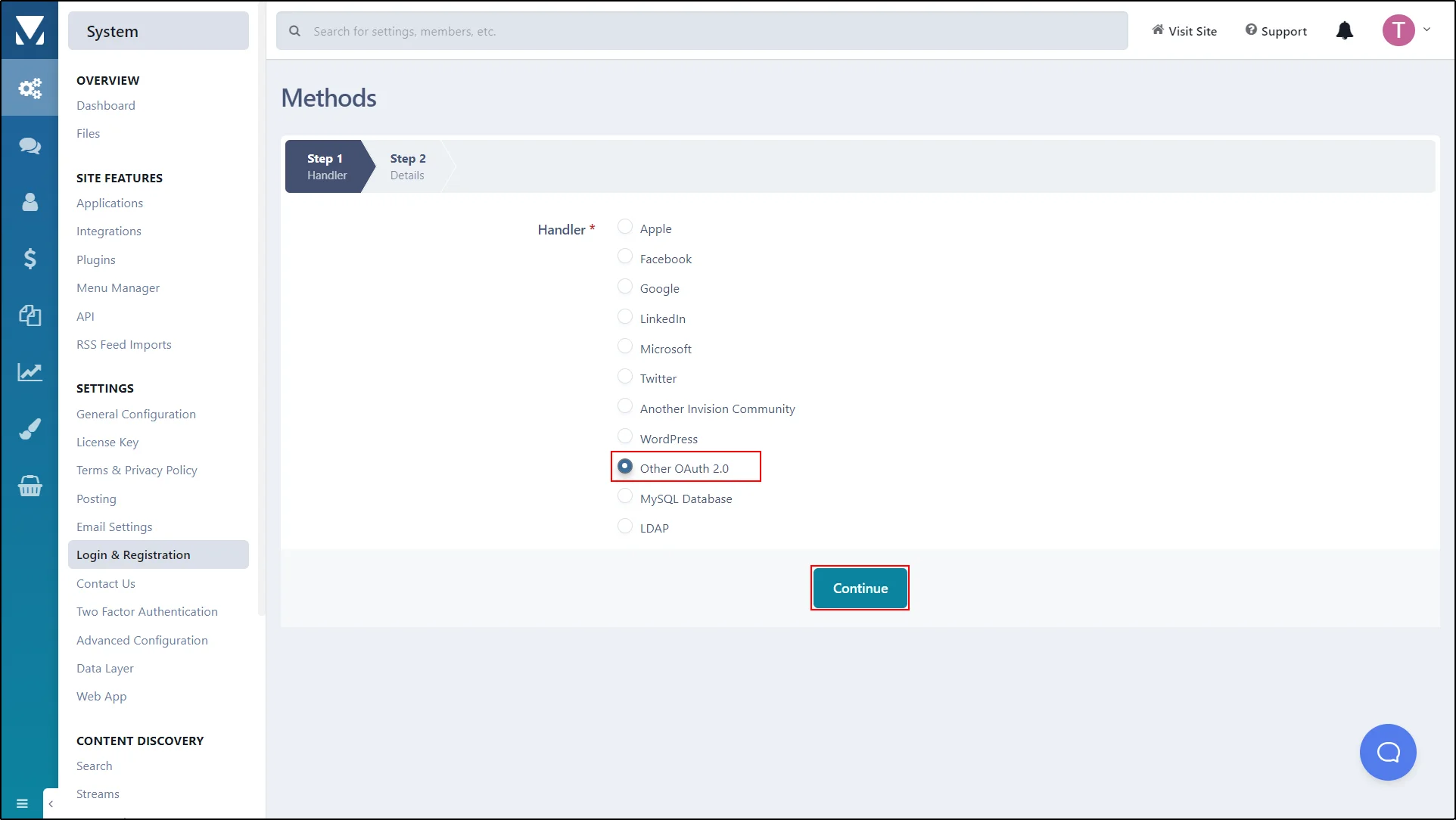 Fournisseur OAuth OIDC de la communauté Drupal Invision - Cliquez sur Créer nouveau et sélectionnez Autre OAuth 2.0 -> Continuer