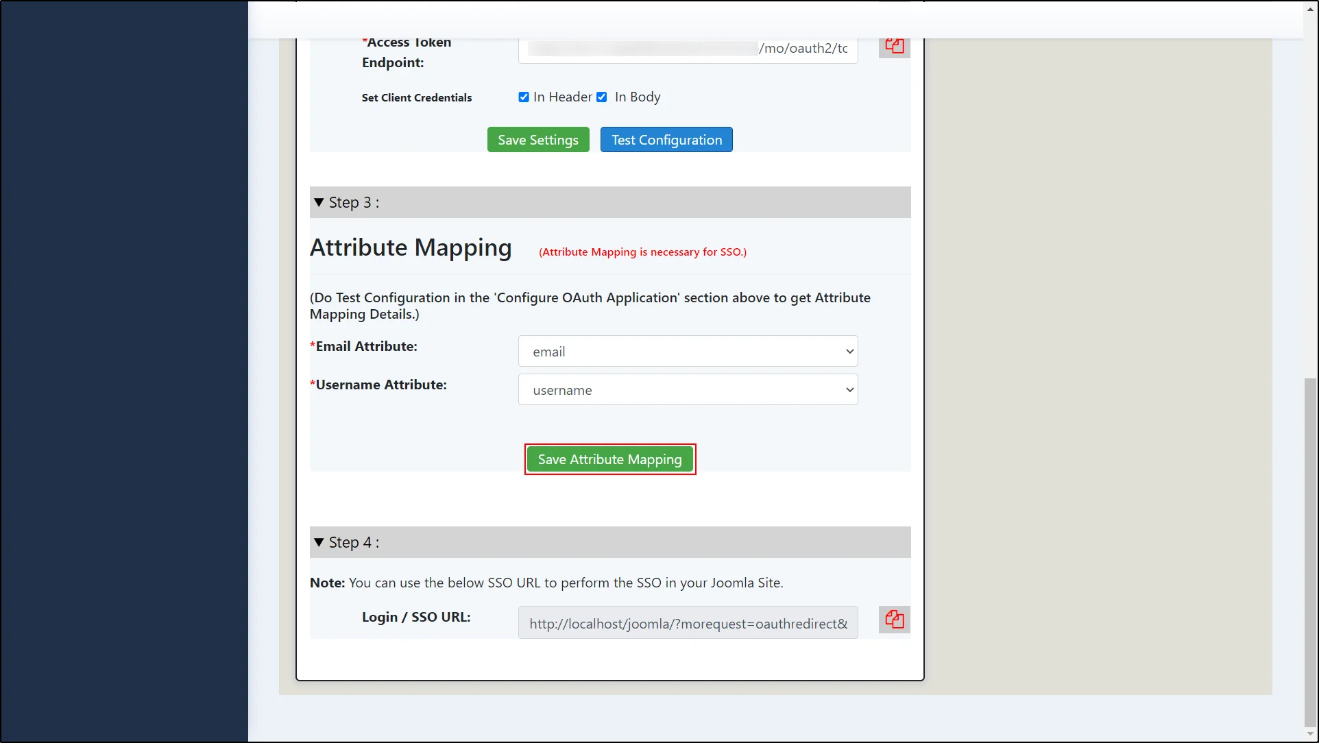 Joomla OAuth Client Single Sign-On - Click on Save Attribute Mapping