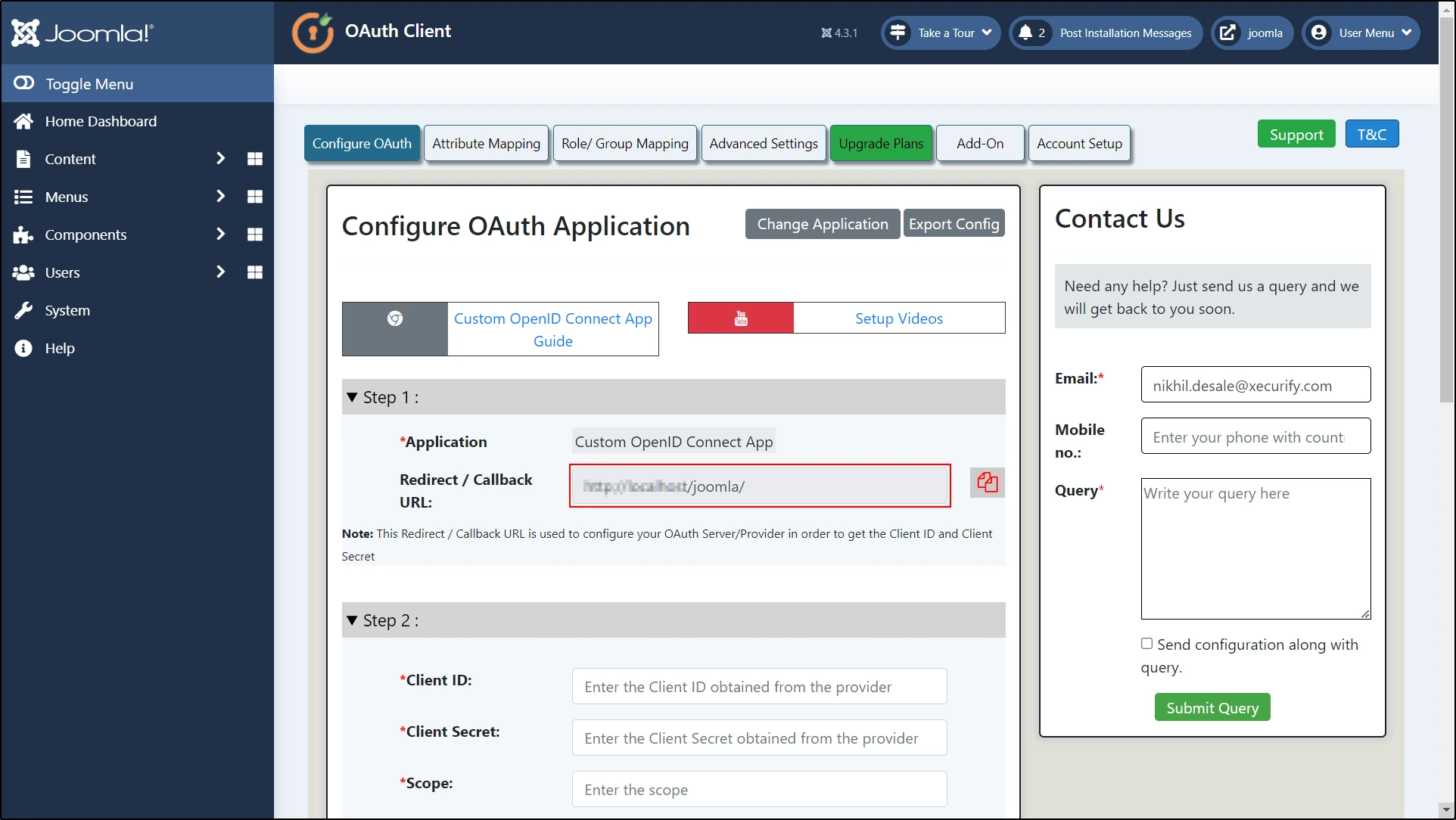 Joomla OAuth Client Single Sign-On - Copy Redirect Callback URL