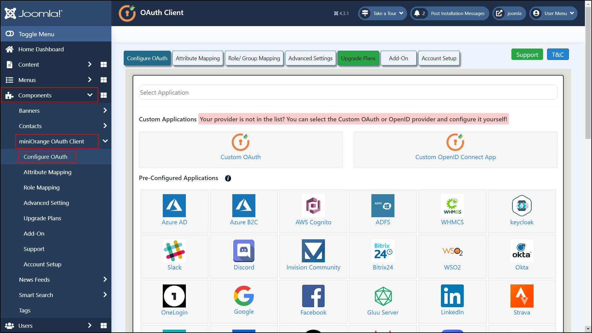 Joomla OAuth Client Single Sign-On - Select Custom Application