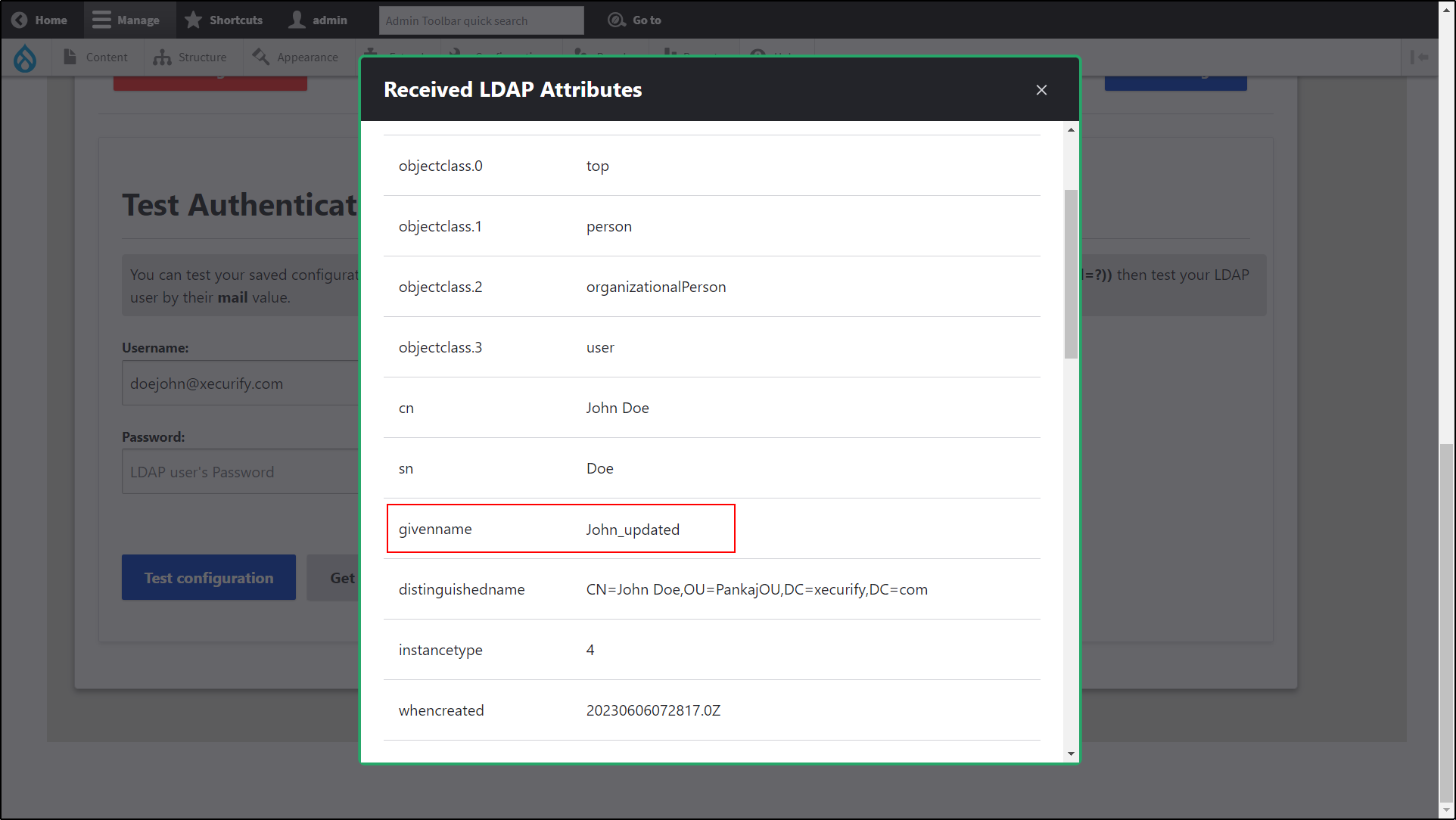 Drupal LDAP/Active Directory-Integration – Die folgenden Benutzerinformationen „Benutzerprinzipalname“ und „Angegebener Mane“ wurden in den angegebenen Feldern im Popup „Empfangenes LDAP-Attribut“ aktualisiert.