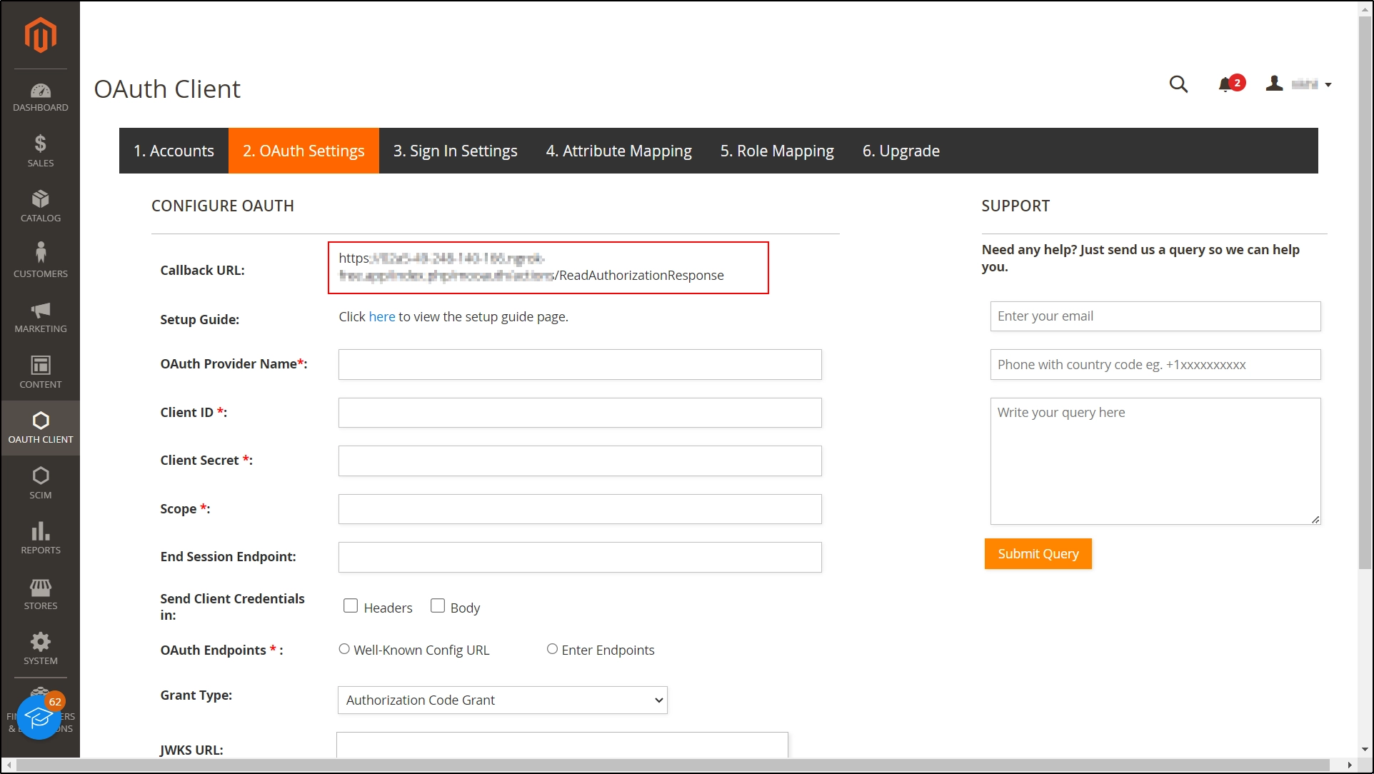 Install and activated the miniOrange OAuth Client plugin in Magento E-commerce - Copy Callback URL