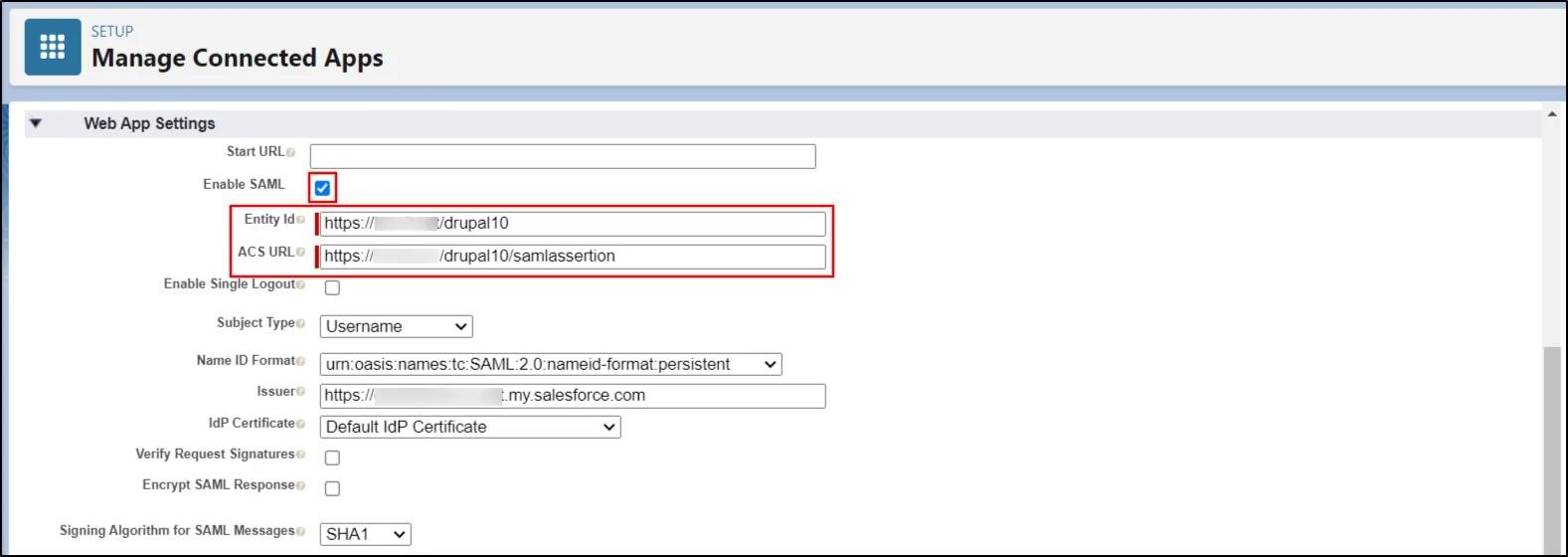 Administrar la configuración de la aplicación web de inicio de sesión único de Salesforce en aplicaciones conectadas