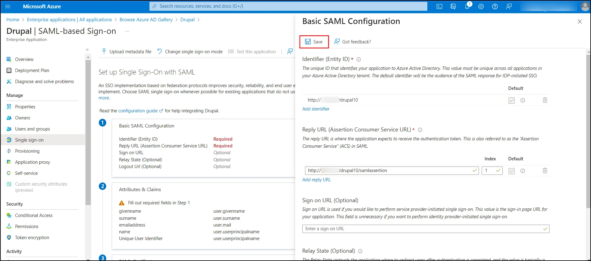 Microsoft-Azure-Basic-SAML-구성 및 저장 버튼 클릭