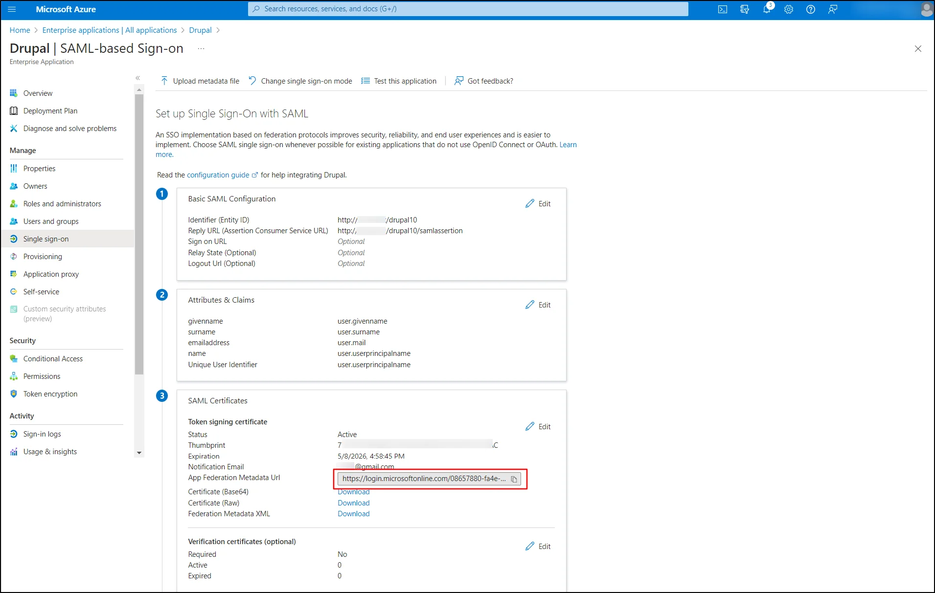 Microsoft-Azure-SAML-인증서-카드 및 복사-페더레이션-메타데이터