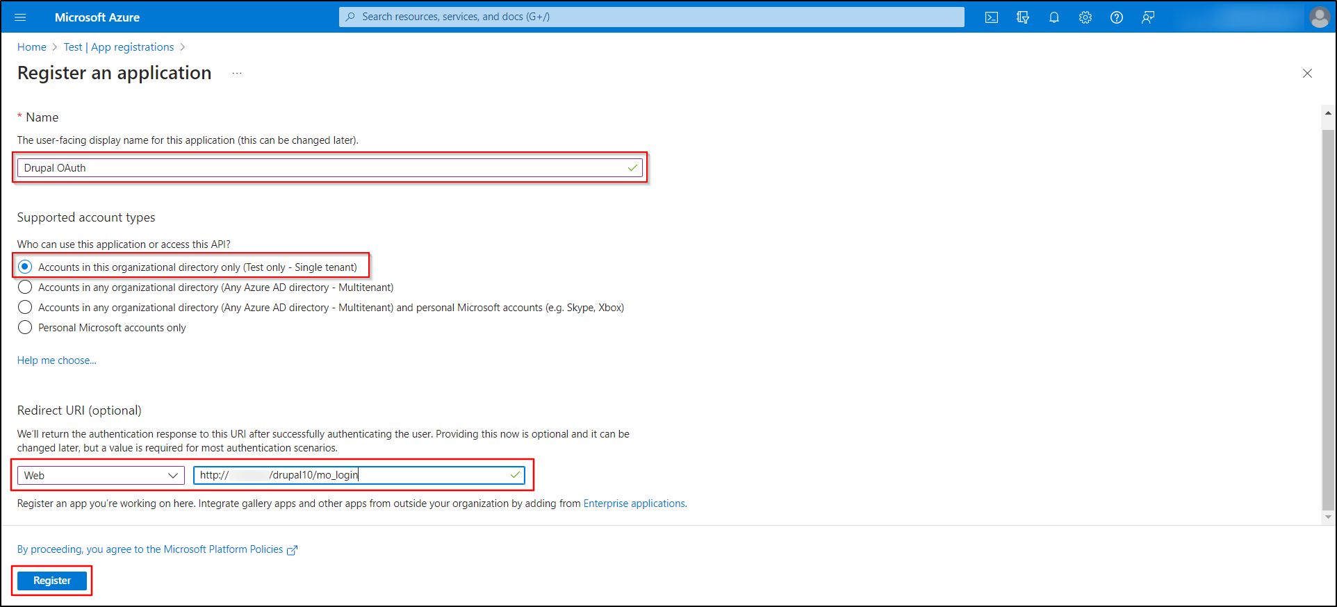 Microsoft Azure O365 - Register an application, provide the required details