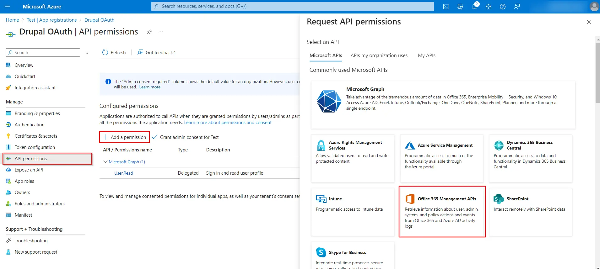 Microsoft Office 365 - Click on API Permissions - Add API permission - Microsoft APIs - Office 365 Management APIs - Applcation permissions