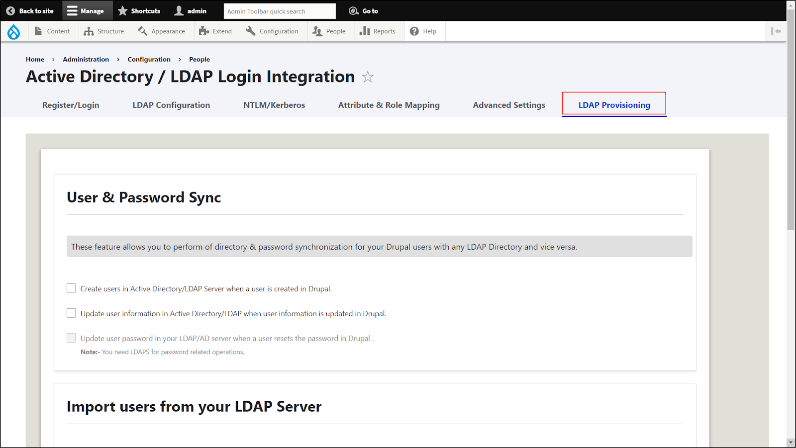 Drupal LDAP/Active Directory Integration - Navigate to LDAP Provisioning tab