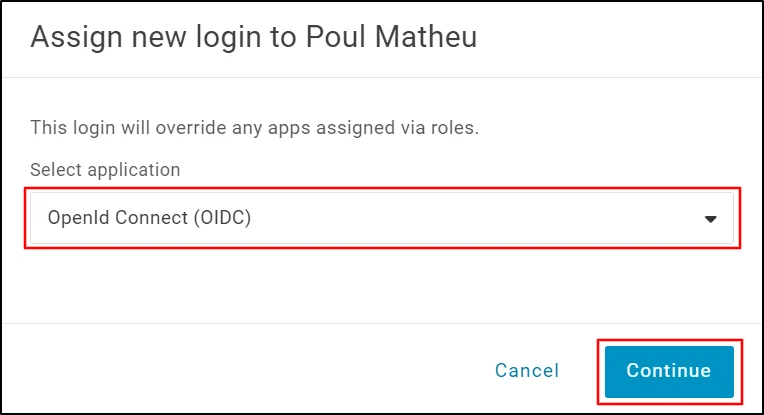 Connexion à authentification unique Onelogin OpenID - Sélectionnez l'application dans la liste déroulante pour laquelle vous souhaitez activer l'authentification unique pour cet utilisateur attribué.