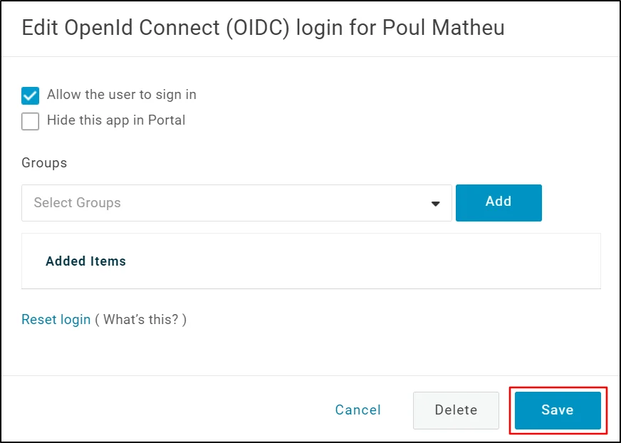Onelogin OpenID Single Sign-On 로그인 - 사용자 로그인 허용 확인란을 활성화하고 -> 저장을 클릭합니다.