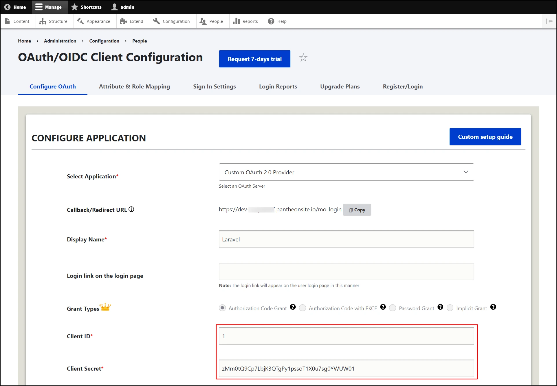 Under Drupal's Configure OAuth tab, Provide the Client ID and Client Secret from Laravel Passport-Application