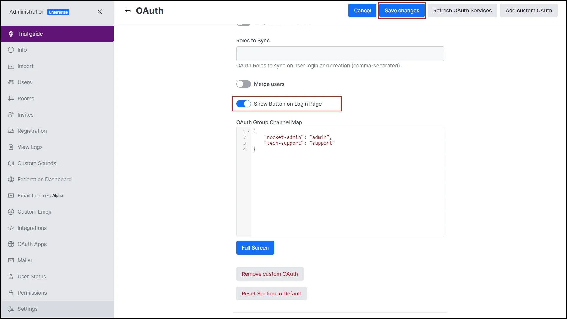 Integrating Rocket.chat with Drupal OAuth/OIDC Provider - click on save changes button
