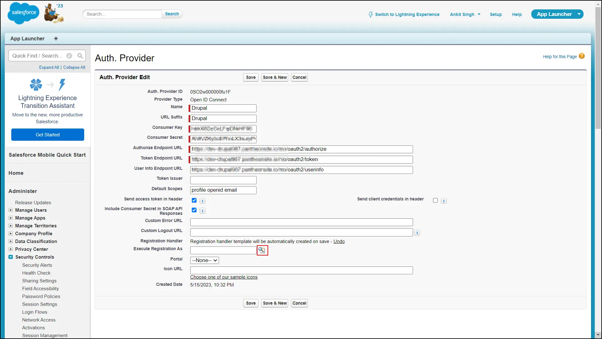 Integrating Salesforce with Drupal OAuth/OIDC Provider - Click search icon next to Execute Registration Handler As