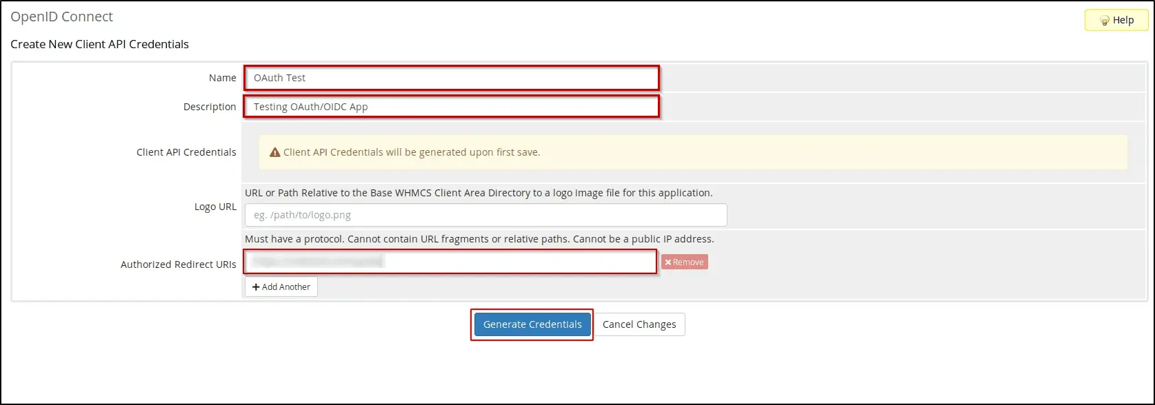Drupal WHMCS OpenID Single Sign-On - Provide the required details like Name, Callback URL
