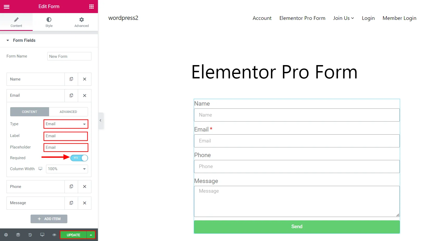 Elementor Pro Form - click Update button