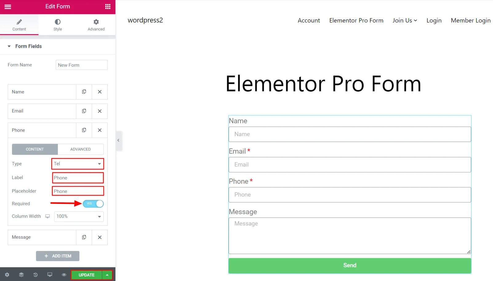 Elementor Pro Form: haga clic en el botón Actualizar