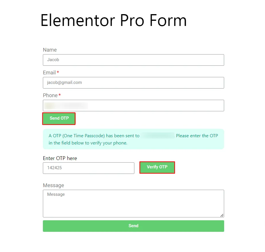Elementor Pro Form - OTP 전송 버튼을 클릭하세요.