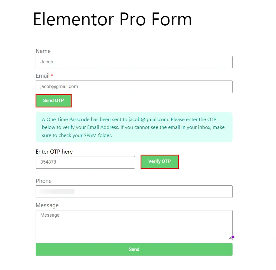 Elementor Pro Form: haga clic en el botón enviar OTP