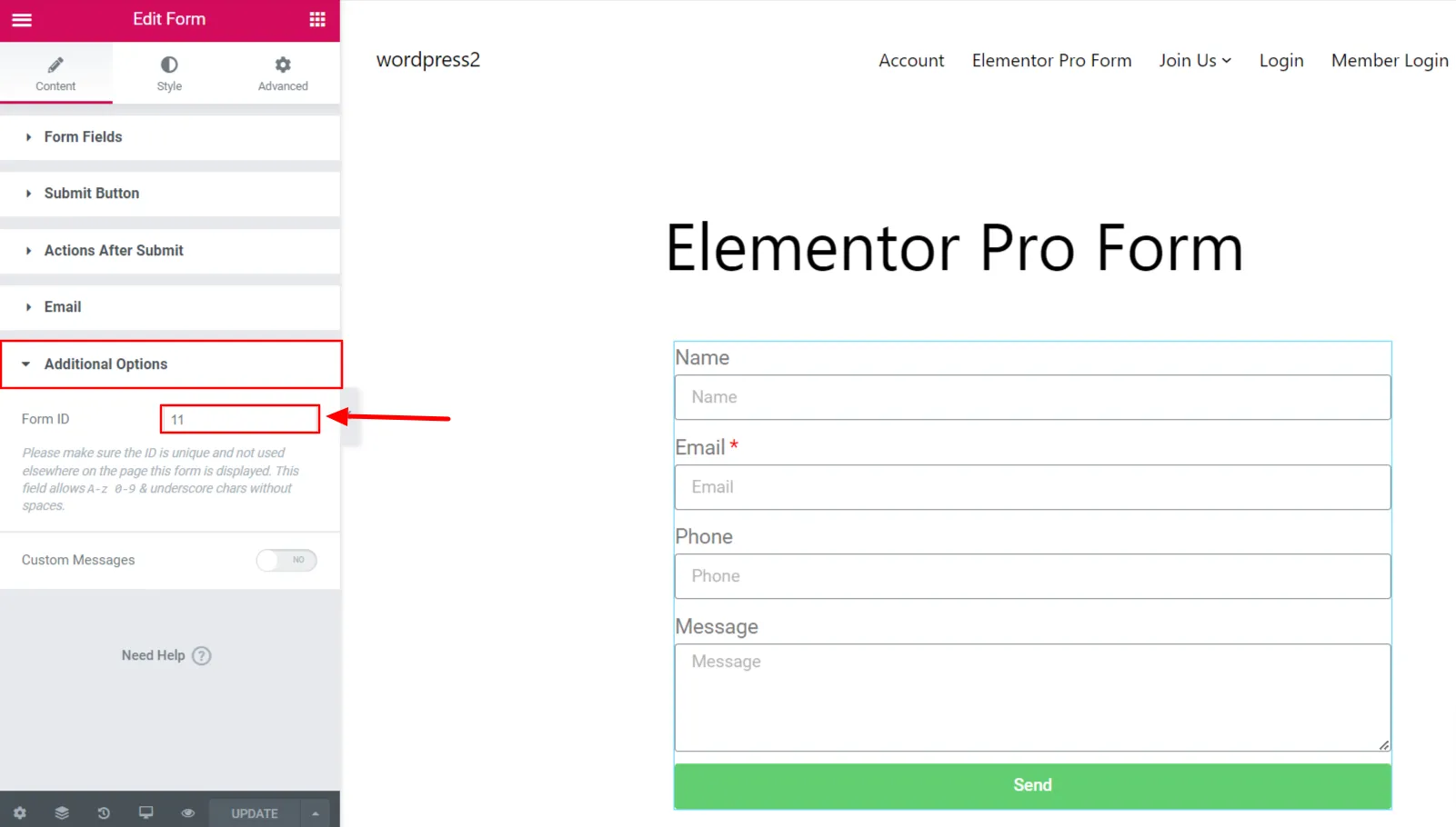 Elementor Pro 양식 - 메모 양식 ID