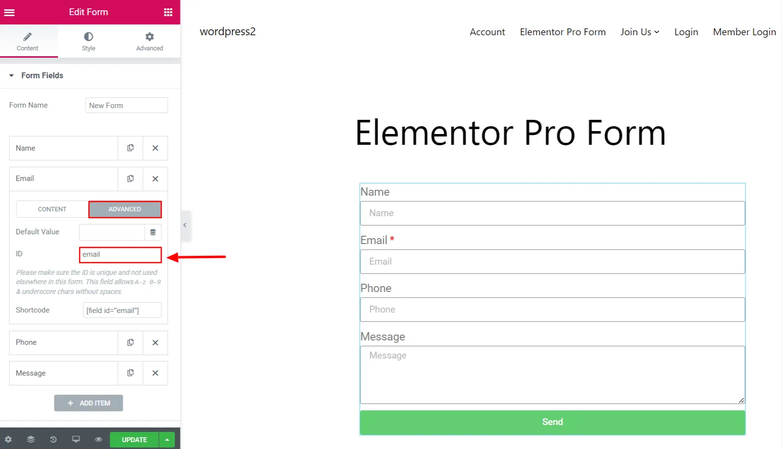 Elementor Pro Form - Notera e-postfält-ID