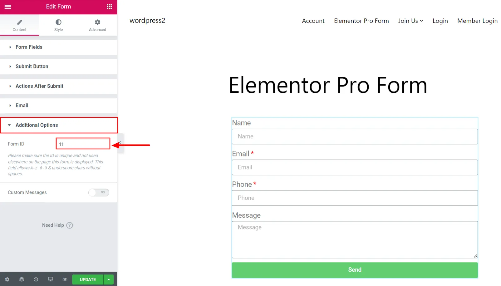 Elementor Pro Form - 전화 ID 메모