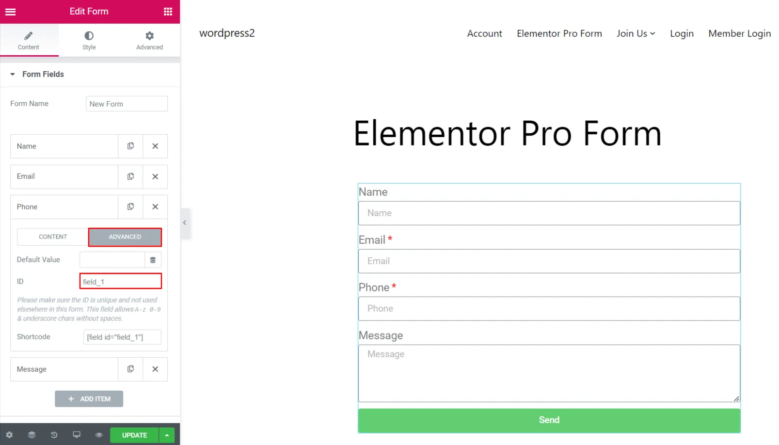 Elementor Pro Form - 메모 전화 필드 ID