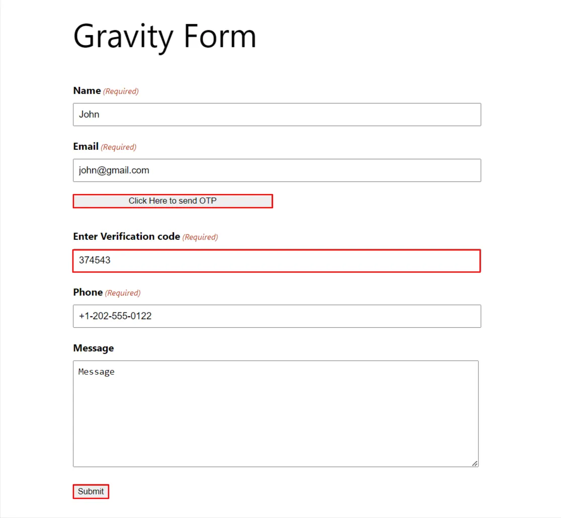 Gravity Forms OTP-verifiering - klicka här för att skicka OTP-knappen
