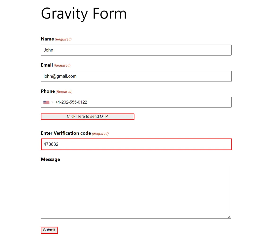 Vérification OTP par Gravity Forms - cliquez ici pour envoyer le bouton OTP