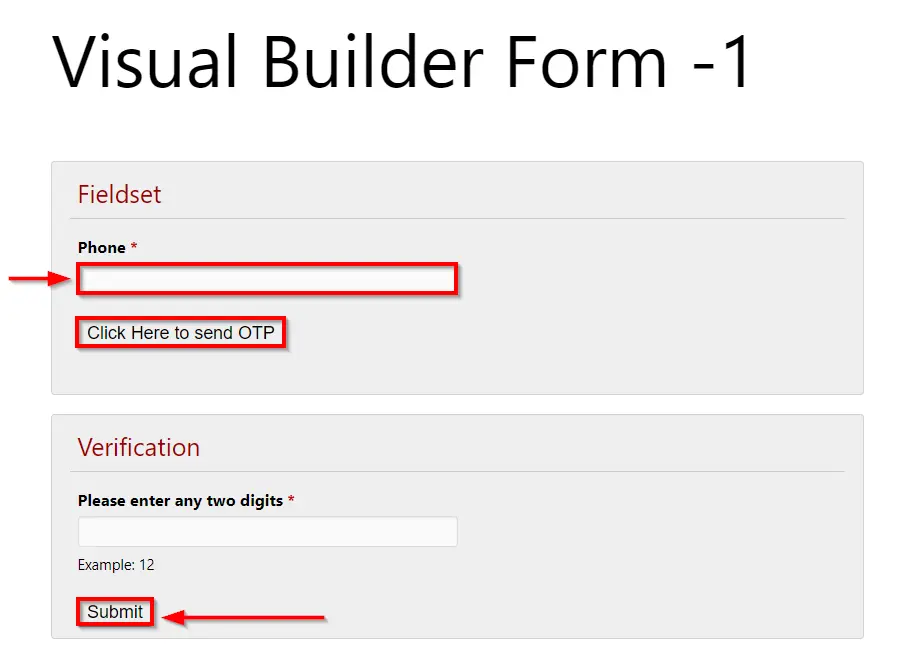 Formulaires Visual Form Builder - cliquez ici pour envoyer OTP