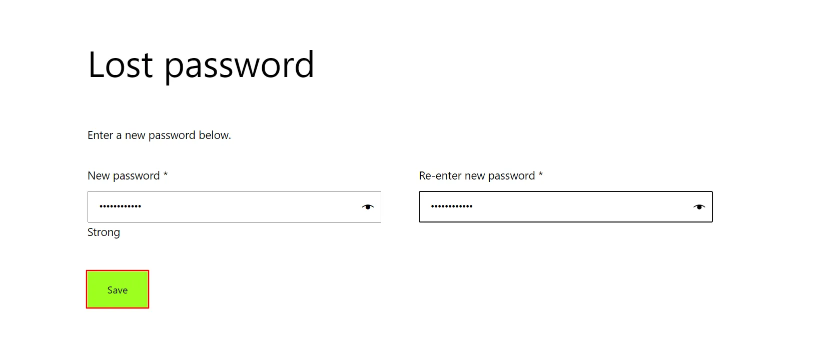 WooCommerce Password Reset - klicka på knappen Spara