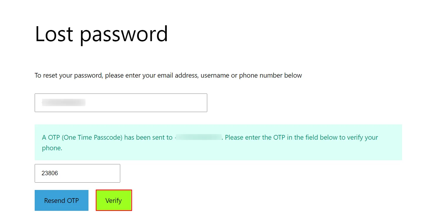 WooCommerce Password Reset - klicka på verifiera-knappen