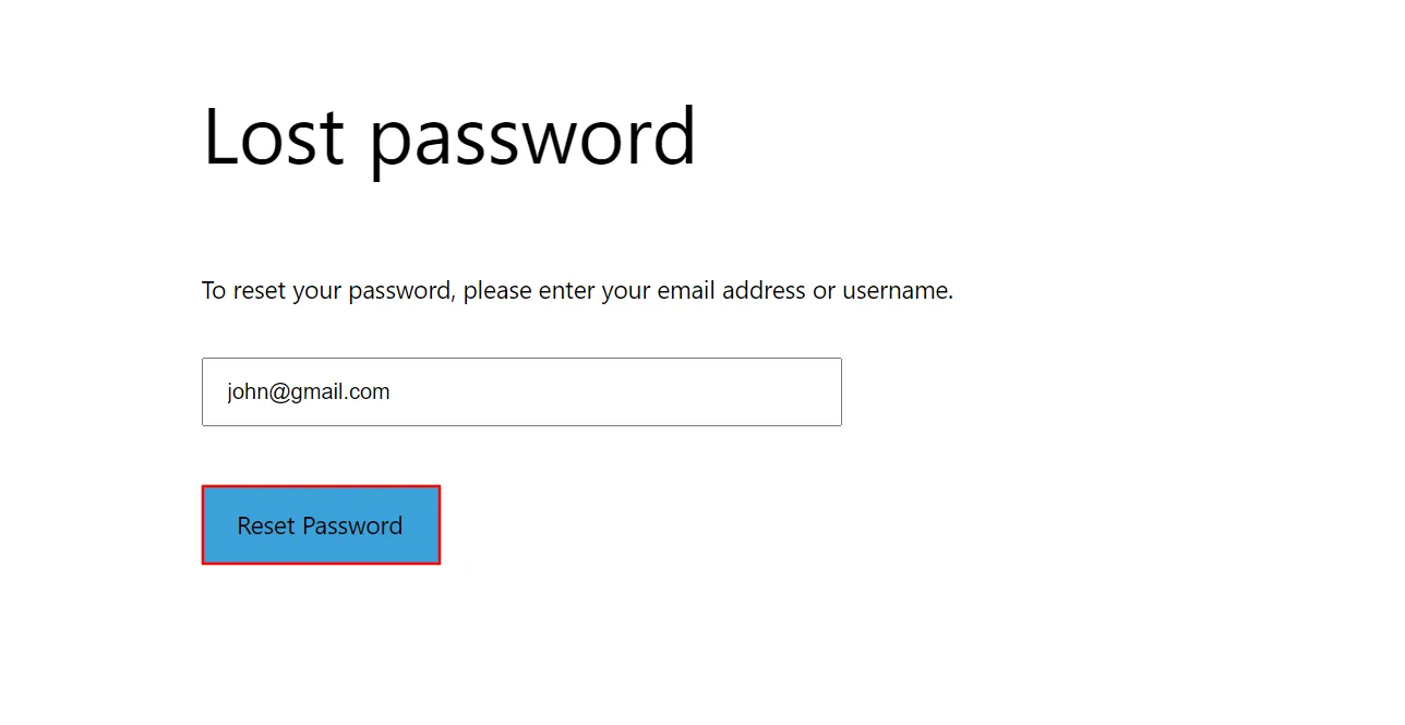 Réinitialisation du mot de passe WooCommerce – cliquez sur réinitialisation du mot de passe