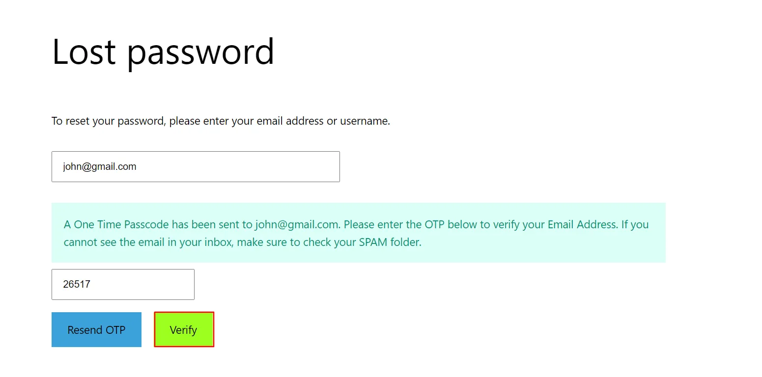 Réinitialisation du mot de passe WooCommerce - Envoyer un e-mail OTP