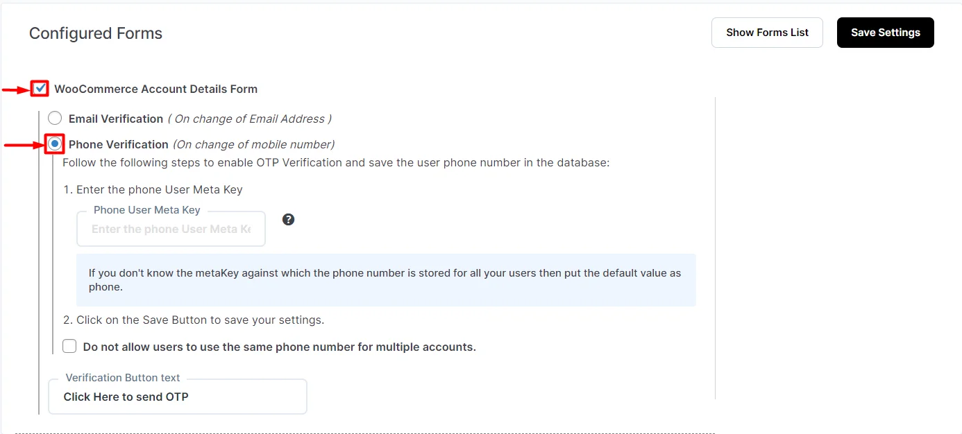 OTP Verification WooCommerce Account Detail checkbox