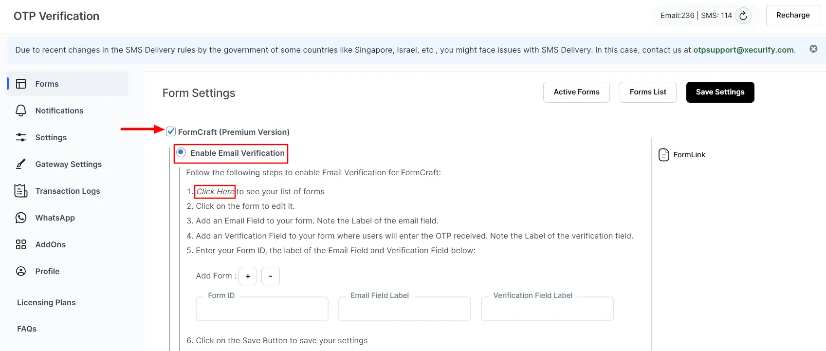 WordPress FormCraft Form - enable FormCraft basic form