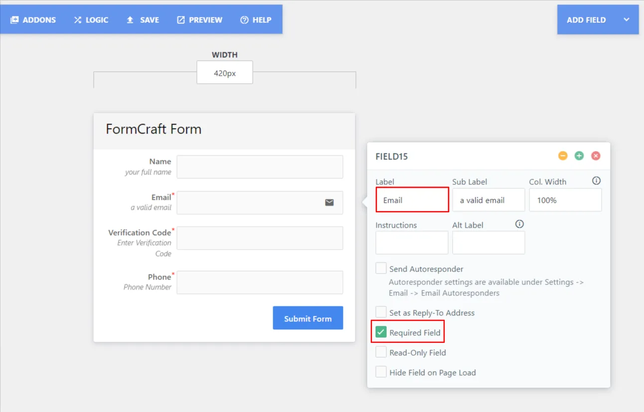 WordPress FormCraft Form - email field label