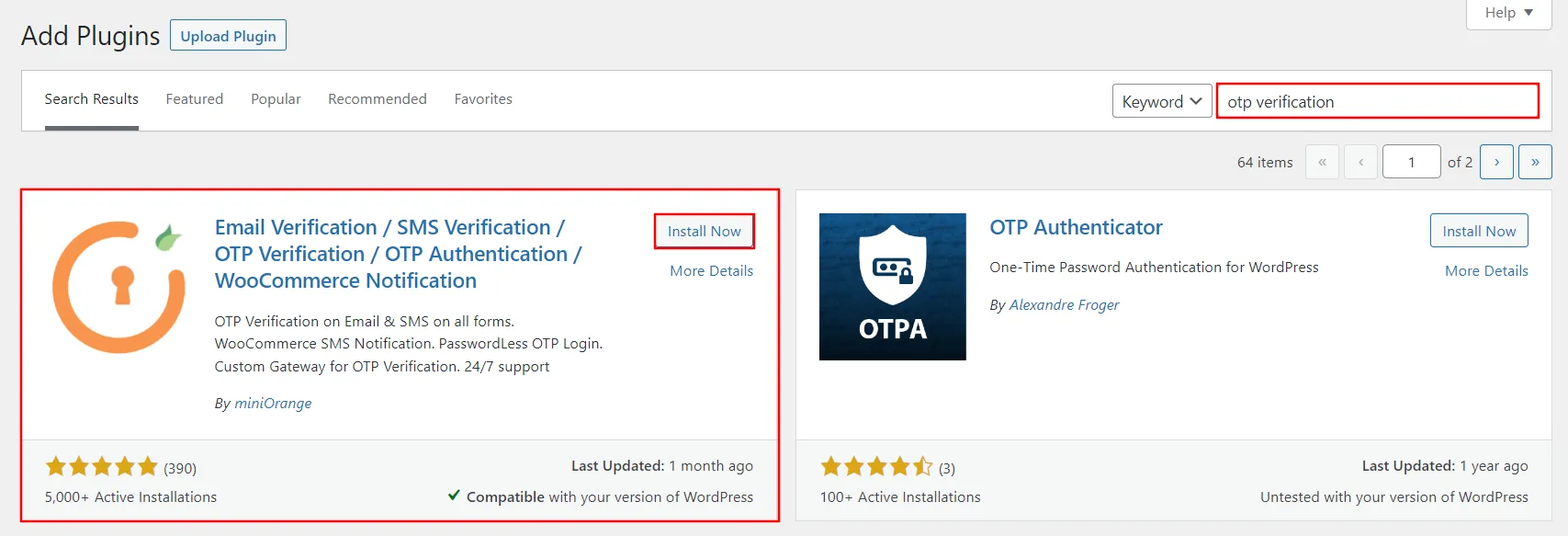 WordPress OTP Verification - Click Install now button